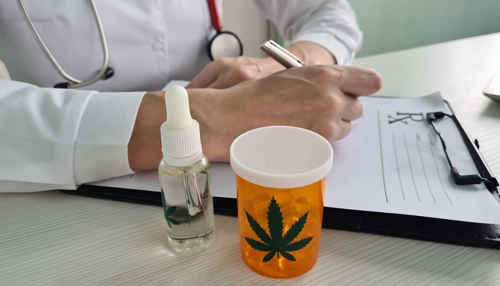 Doctor in clinic prescribes marijuana extract to patient to relieve symptoms of cancer. Selling prescription drugs and cannabis